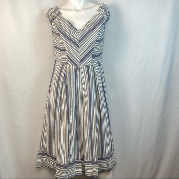 Sandro Ferrone Medium Dress Off The Shoulder Striped Linen Blend Made In Italy - Picture 1 of 15